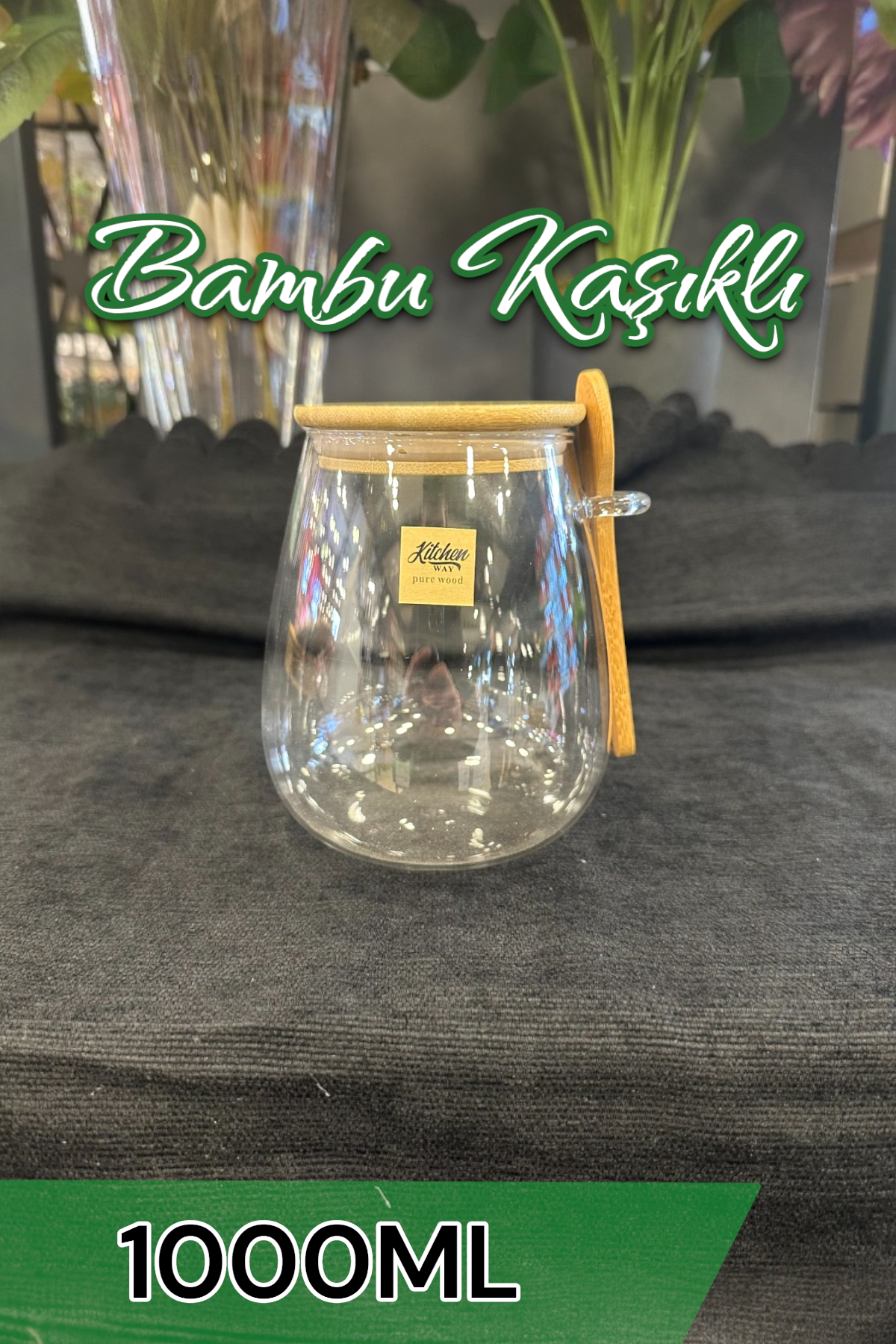 Bambu Kaşıklı Borosilikat 1000ML Çizgi Desenli Isıya Dayanaklı Kavanoz KW-389C FMA763898