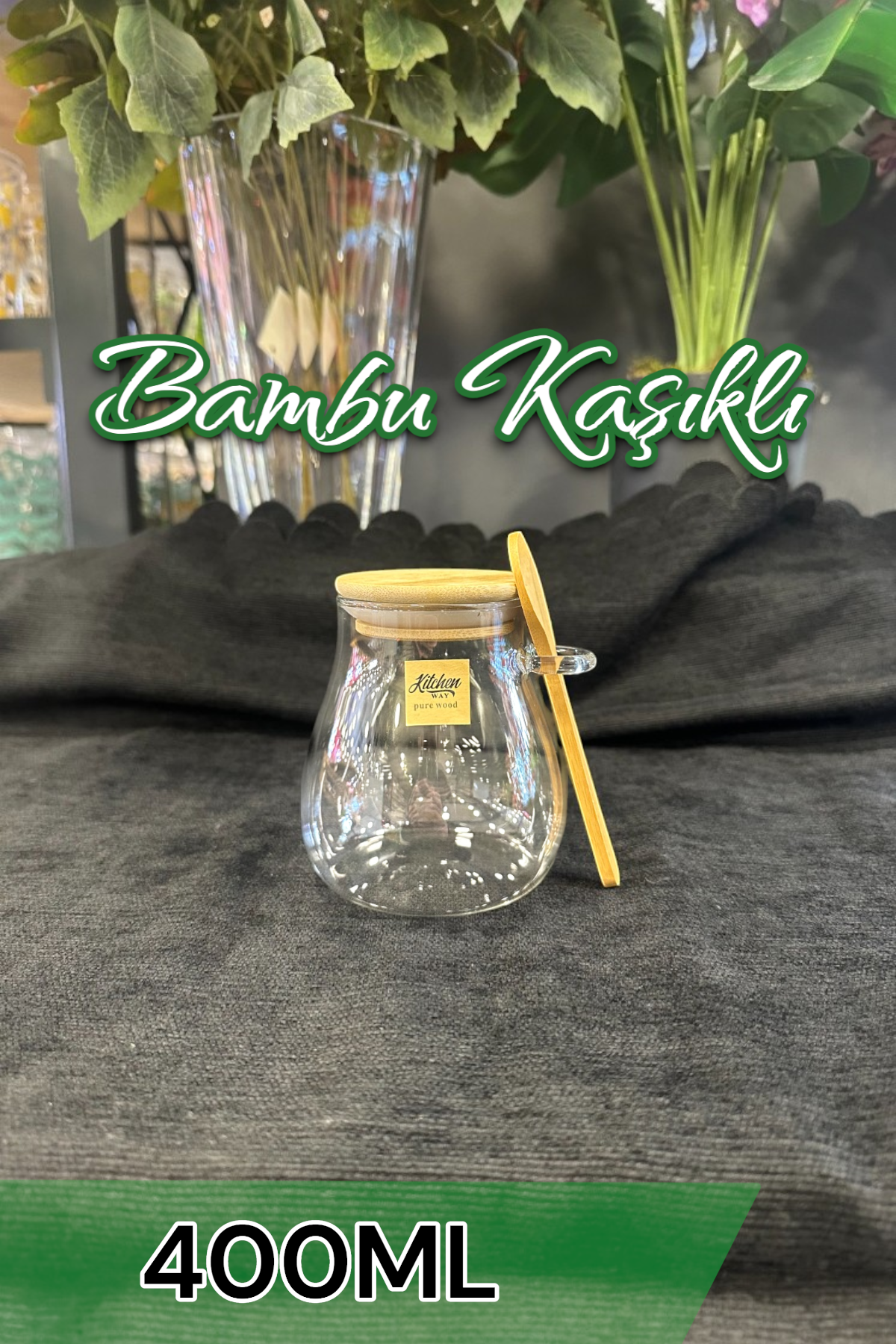 Bambu Kaşıklı Borosilikat 400ML Çizgi Desenli Isıya Dayanaklı Kavanoz KW-389A FMA783896