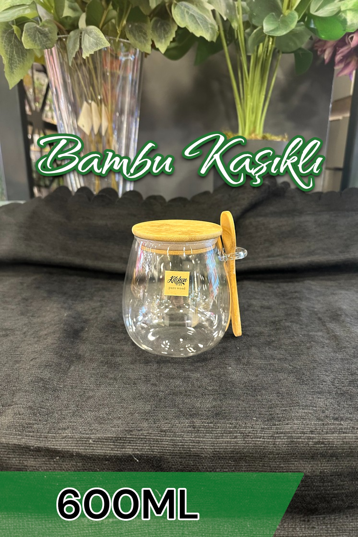 Bambu Kaşıklı Borosilikat 600ML Çizgi Desenli Isıya Dayanaklı Kavanoz KW-389B FMA773897